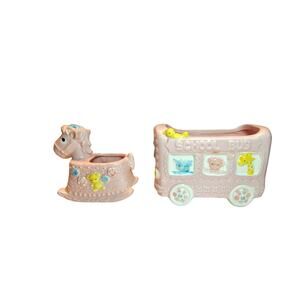 School Bus and Rocking Horse Pink Ceramic Pieces Vintage Napco